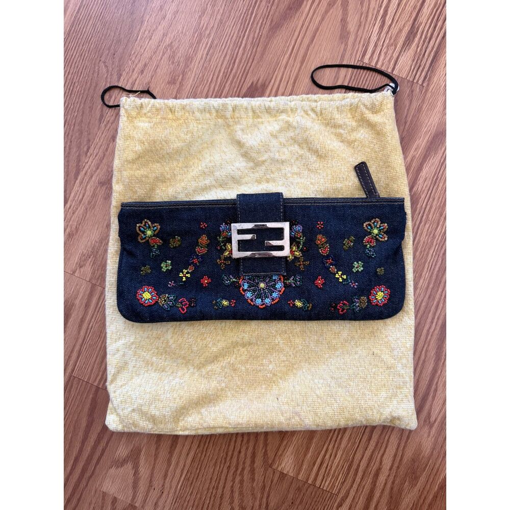 Vintage Fendi Baguette Beaded Denim Floral Bag Y2K Rare No Strap